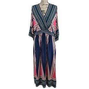 Bloomchic Maxi Dress Size 18-20 Blue Multicolor Geo Tribal Side Slits & Pockets